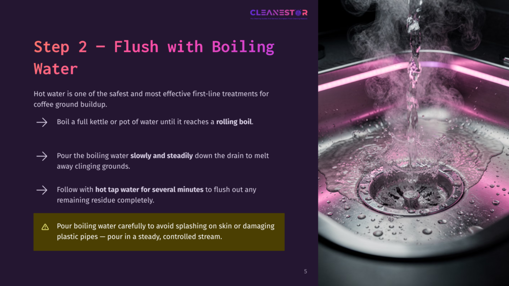 5 Step 2 Flush With Boiling Water Close-Up Of Steaming Hot Water Being Poured Into A Stainless Steel Sink Drain, With Text Overlay: &Quot;Step 2 - Flush With Boiling Water&Quot;.