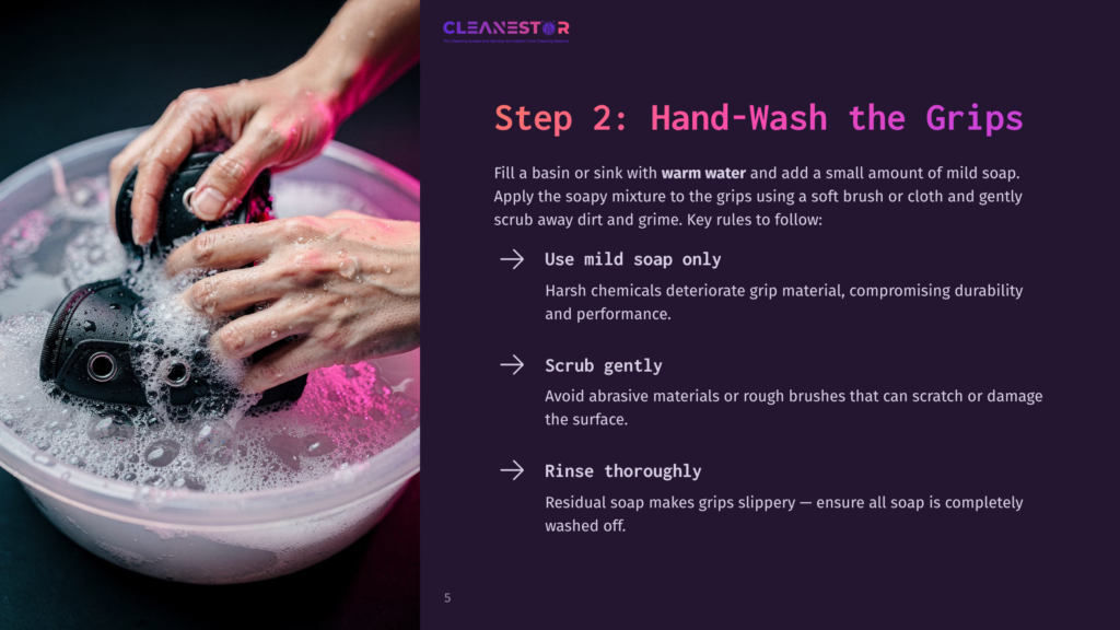 5 Step 2 Hand Wash The Grips Close-Up Of Hands Gently Washing A Black Grip In A Basin Filled With Soapy Water, With The Text &Quot;Cleanestor&Quot; And &Quot;Step 2: Hand-Wash The Grips&Quot; Visible.