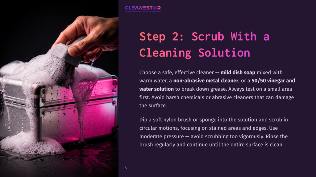 Step 2: Scrub With A Cleaning Solution. A Hand With A Sponge Covered In Soap Suds Scrubs A Shiny Metal Case, Illustrating The Cleaning Process.