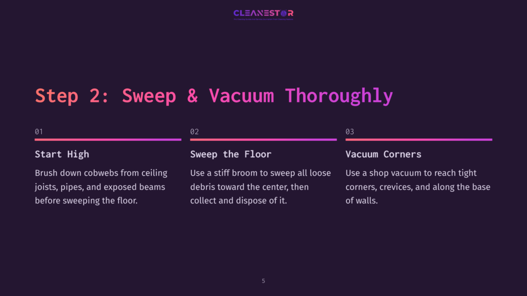 The Image Displays A Presentation Slide Titled &Quot;Step 2: Sweep &Amp; Vacuum Thoroughly&Quot; From Cleanestor. It Outlines Three Steps: &Quot;Start High,&Quot; &Quot;Sweep The Floor,&Quot; And &Quot;Vacuum Corners,&Quot; With Accompanying Descriptions For Each. The Slide Has A Dark Purple Background With Colorful Gradient Accents.