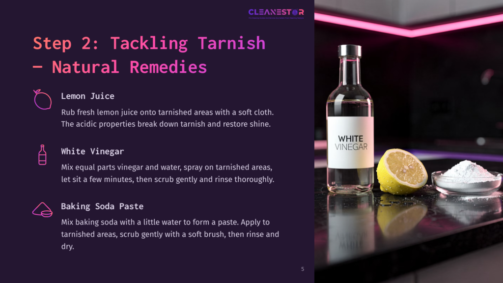 5 Step 2 Tackling Tarnish Natural Remedies A Bottle Of White Vinegar, A Lemon, And Baking Soda In A Dish Are Displayed On A Dark Countertop, Suggesting Natural Cleaning Remedies For Tackling Tarnish.