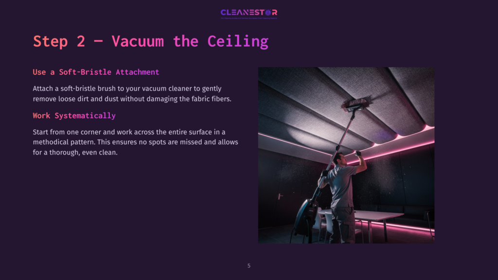 A Man Vacuums A Fabric Ceiling With A Soft-Bristle Attachment, Working Systematically From One Corner. The Ceiling Has Padded Panels And Is Illuminated By Pink Led Strip Lighting.