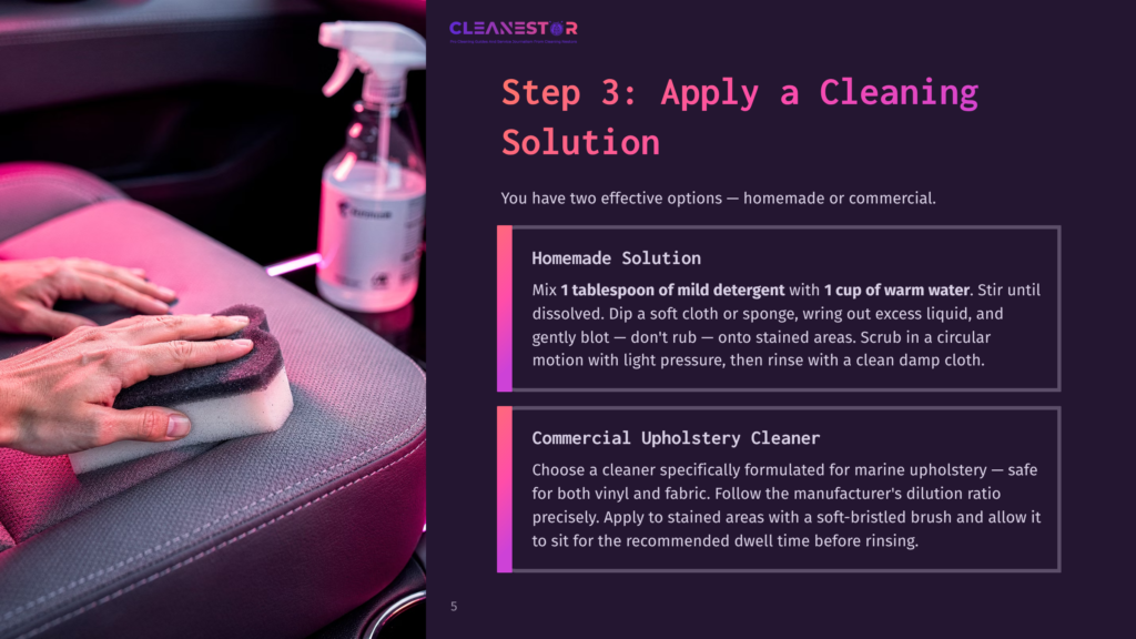Hands Gently Scrub Car Upholstery With A Sponge And Cleaning Solution, Demonstrating Step 3 Of The Cleaning Process: Apply A Cleaning Solution. Instructions For Homemade And Commercial Solutions Are Visible.