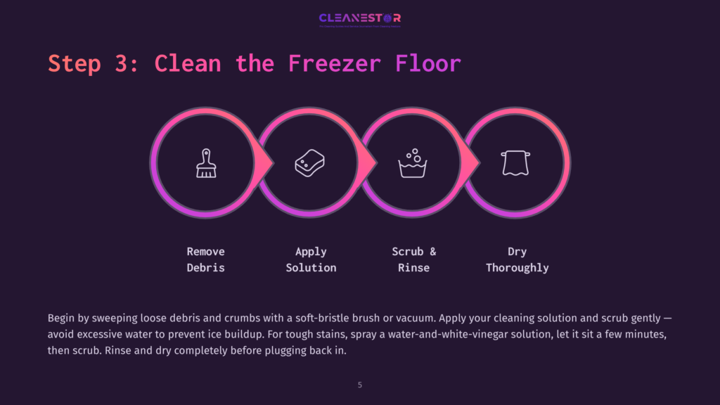 5 Step 3 Clean The Freezer Floor Infographic Illustrating Step 3: Clean The Freezer Floor. Shows Four Circular Icons Representing Remove Debris, Apply Solution, Scrub &Amp; Rinse, And Dry Thoroughly, With Text Descriptions Below.