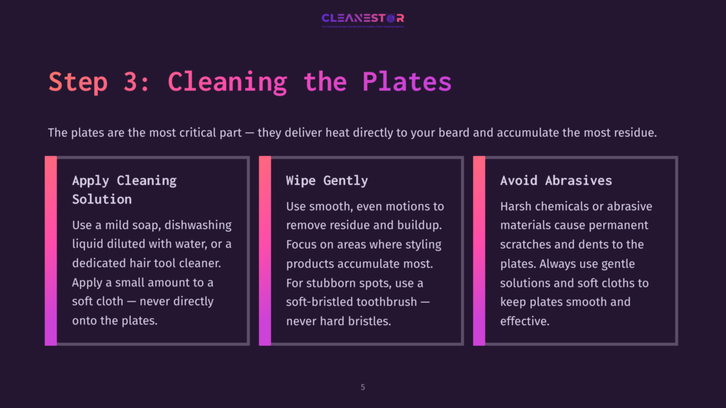 5 Step 3 Cleaning The Plates Step 3: Cleaning The Plates. Image Shows Three Sections With Instructions: Apply Cleaning Solution, Wipe Gently, And Avoid Abrasives. The Text Explains How To Clean Beard Straightener Plates.