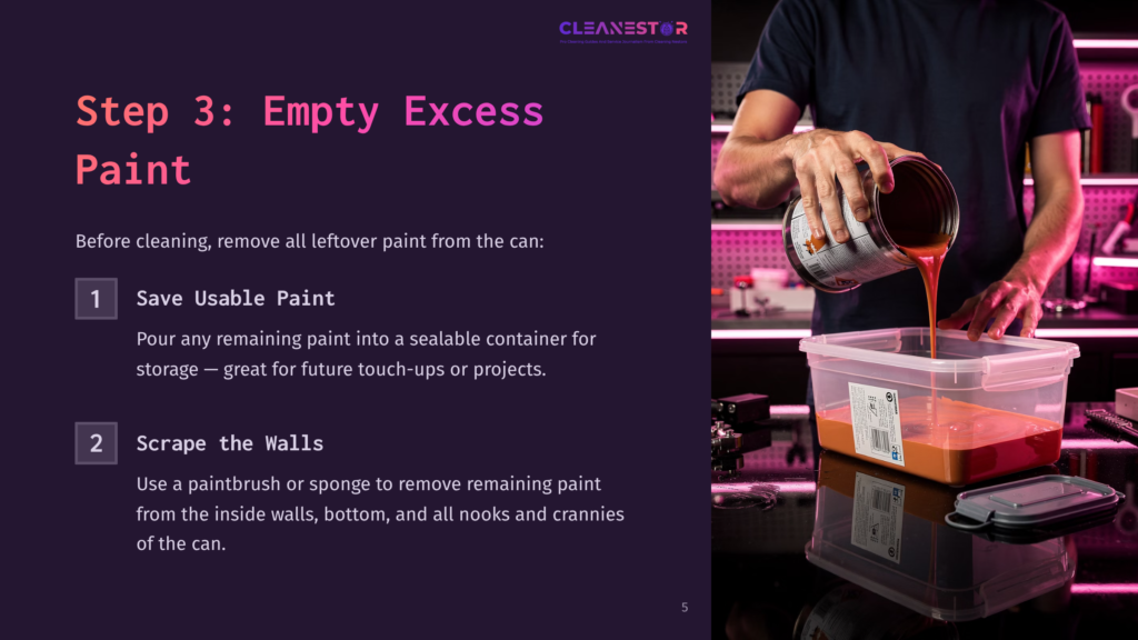 Step 3: Empty Excess Paint. A Person Pours Orange Paint From A Can Into A Clear Plastic Container, Demonstrating How To Save Usable Paint And Scrape Walls Clean.