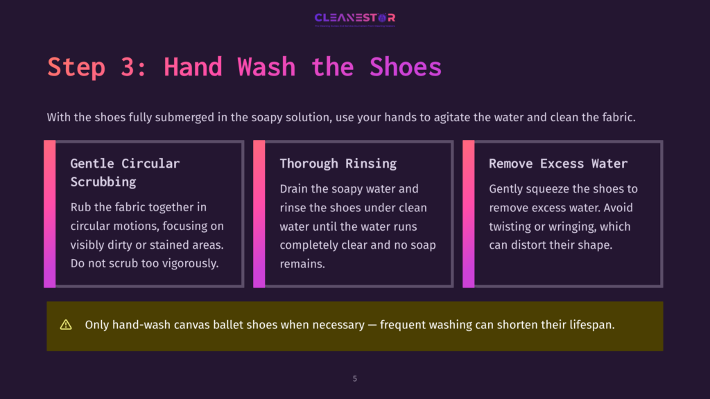 Step 3: Hand Wash The Shoes. Three Panels Detail Cleaning Steps: Gentle Circular Scrubbing, Thorough Rinsing, And Remove Excess Water. Text Warns Against Frequent Washing.