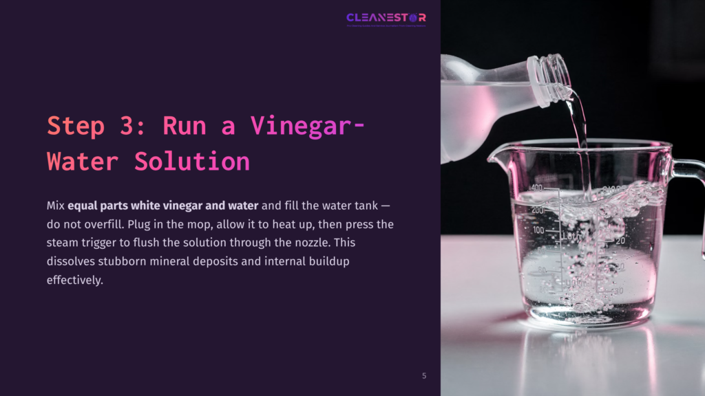 A Hand Pours A Clear Liquid From A Glass Bottle Into A Glass Beaker Filled With Water And Bubbles, Showing The Text &Quot;Step 3: Run A Vinegar Solution&Quot; On The Left.