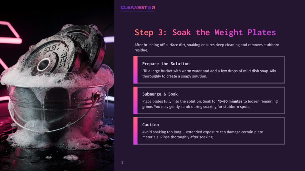 Step 3: Soak The Weight Plates. A Metal Bucket Overflows With Soapy Water And Bubbles, With Weight Plates Submerged In The Suds. The Scene Is Lit With Purple And Pink Ambient Light.