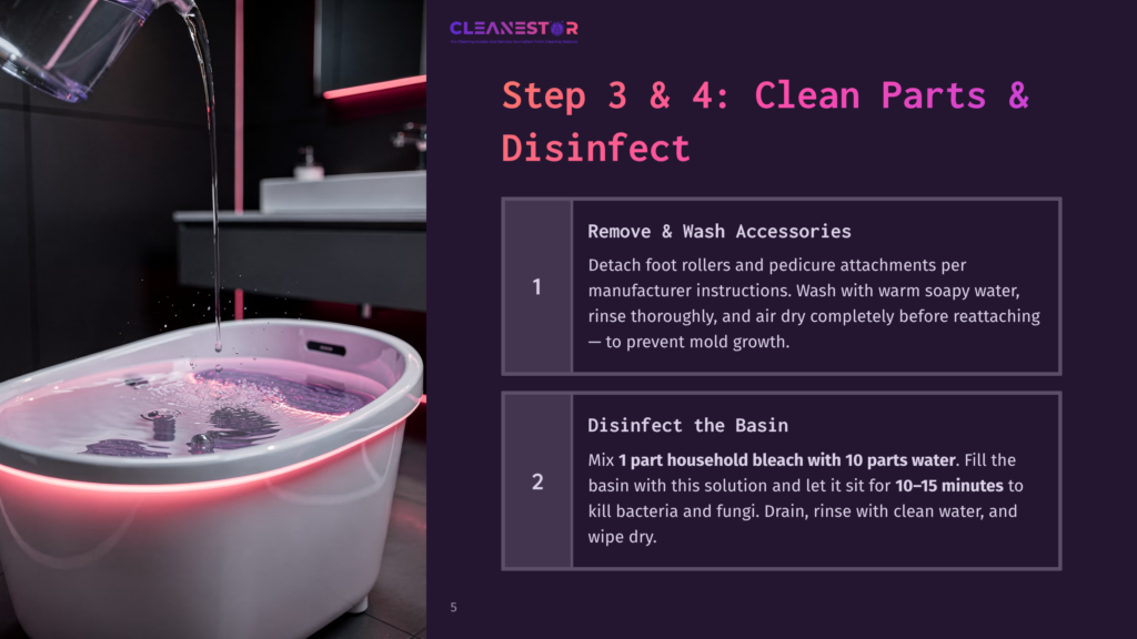 Cleanestor Logo And Instructions For Cleaning Foot Spa Basin: Step 3 &Amp; 4 - Clean Parts &Amp; Disinfect. Remove &Amp; Wash Accessories, Then Disinfect The Basin With 1 Part Household Bleach To 10 Parts Water.