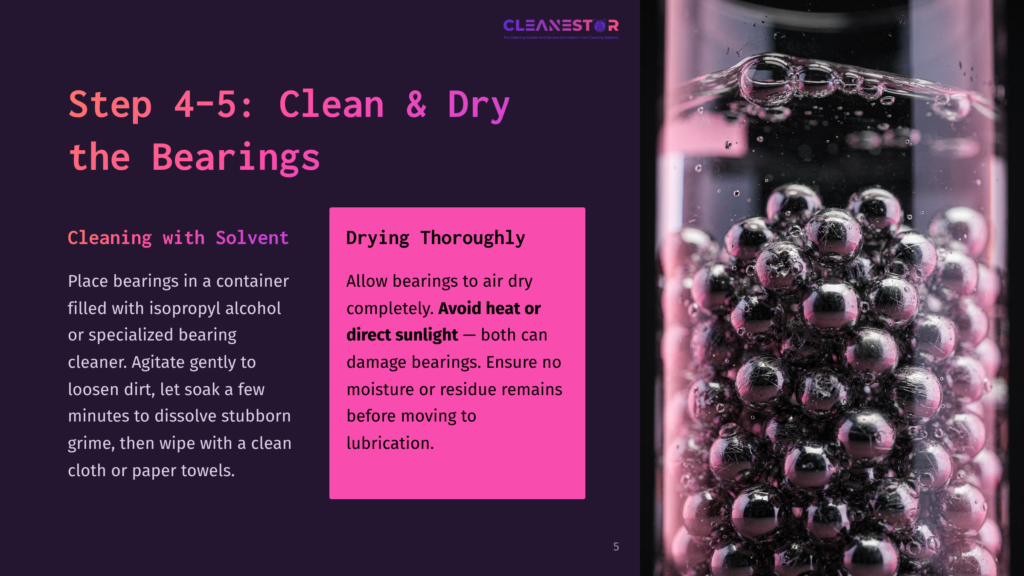 5 Step 4 5 Clean And Dry The Bearings 1 Close-Up Of Tiny Silver Ball Bearings Submerged In A Clear Liquid Within A Test Tube, With Bubbles Rising. Text Overlay Reads &Quot;Step 4-5: Clean &Amp; Dry The Bearings&Quot; And &Quot;Cleaning With Solvent&Quot; And &Quot;Drying Thoroughly&Quot;.