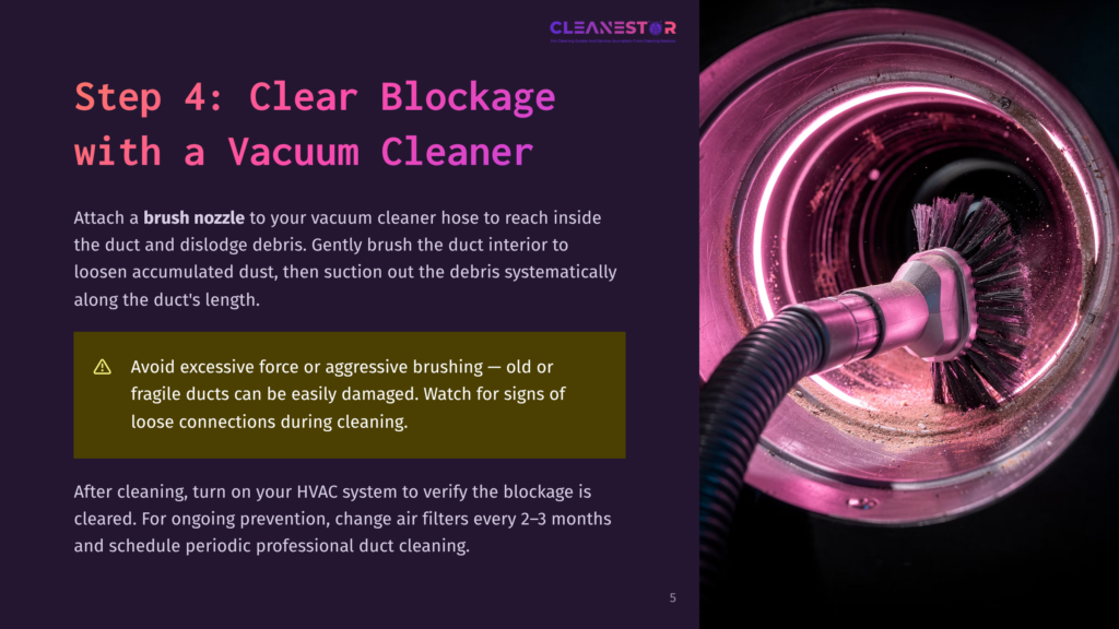 A Brush Nozzle Attached To A Vacuum Cleaner Hose Is Inserted Into A Dusty, Pink-Lit Duct, Dislodging Debris During A Duct Cleaning Process.