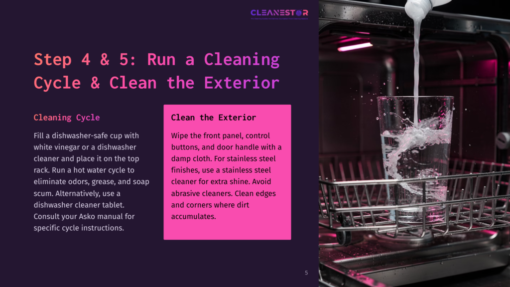 5 Step 4 And 5 Run A Cleaning Cycle And Clean The Exterior Close-Up Of A Clear Glass Being Filled With Water In A Dishwasher, With The Text &Quot;Cleanestar&Quot; And Instructions For Cleaning A Dishwasher'S Exterior.