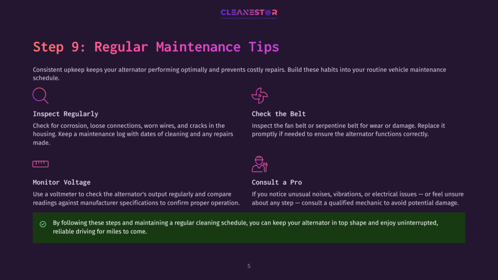 Step 9: Regular Maintenance Tips. Cleanestor Logo. Inspect Regularly, Check The Belt, Monitor Voltage, Consult A Pro. Consistent Upkeep Keeps Your Alternator Performing Optimally And Prevents Costly Repairs. Build These Habits Into Your Routine Vehicle Maintenance Schedule.