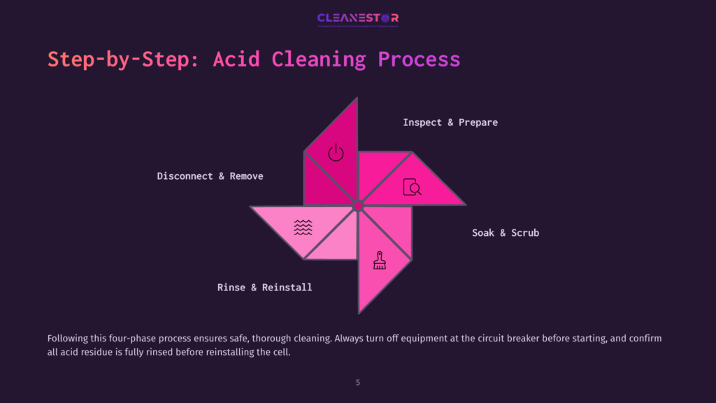 Step-By-Step Acid Cleaning Process Diagram With Four Phases: Inspect &Amp; Prepare, Soak &Amp; Scrub, Rinse &Amp; Reinstall, And Disconnect &Amp; Remove. The Diagram Is Presented As A Pinwheel Graphic In Shades Of Pink And Purple.