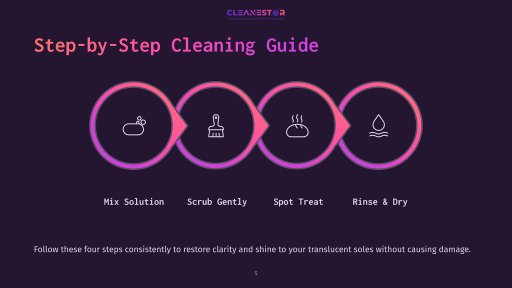 5 Step By Step Cleaning Guide 3 Step-By-Step Cleaning Guide For Translucent Soles: Mix Solution, Scrub Gently, Spot Treat, And Rinse &Amp; Dry. This Visual Guide Illustrates The Four Essential Steps To Restore Clarity And Shine To Shoe Soles Without Causing Damage.