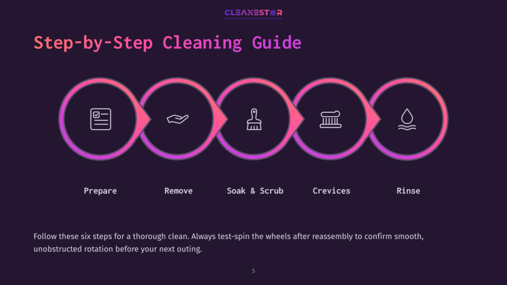 Step-By-Step Cleaning Guide With Icons For Prepare, Remove, Soak &Amp; Scrub, Crevices, And Rinse. The Graphic Highlights A Thorough Cleaning Process.