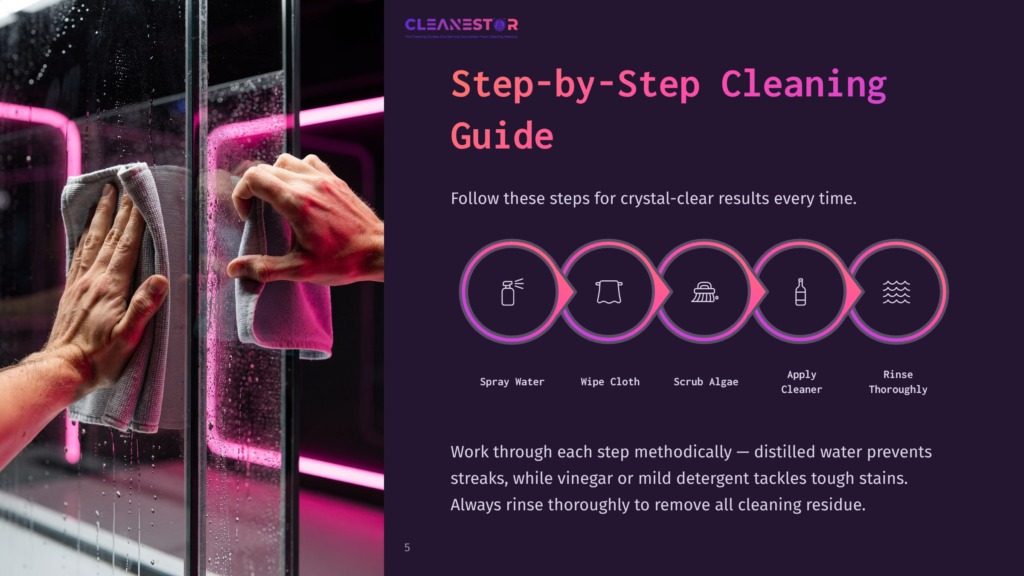 Step-By-Step Cleaning Guide With Icons: Spray Bottle, Wipe Cloth, Scrub Algae, Apply Cleaner, Rinse Thoroughly. Text Reads &Quot;Cleanestor&Quot;.
