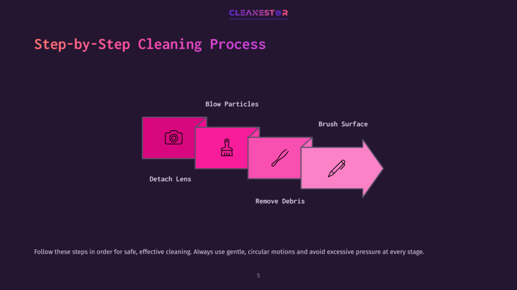 Step-By-Step Cleaning Process Infographic: Detach Lens, Blow Particles, Brush Surface, Remove Debris. Pink Arrow Graphic With Icons.