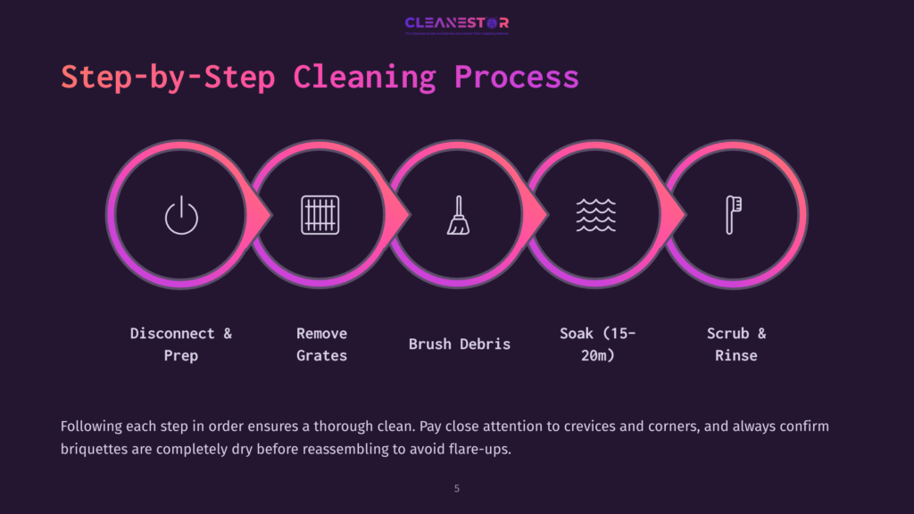 Step-By-Step Cleaning Process Graphic With 5 Circular Icons: Disconnect, Remove Grates, Brush Debris, Soak, And Scrub/Rinse. Text Reads &Quot;Step-By-Step Cleaning Process&Quot; And &Quot;Cleanestor&Quot;.