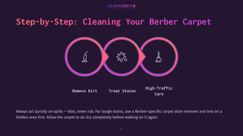 Infographic Illustrating A Three-Step Process For Cleaning Berber Carpet: Remove Dirt, Treat Stains, And High-Traffic Care, With Icons Representing Each Step.