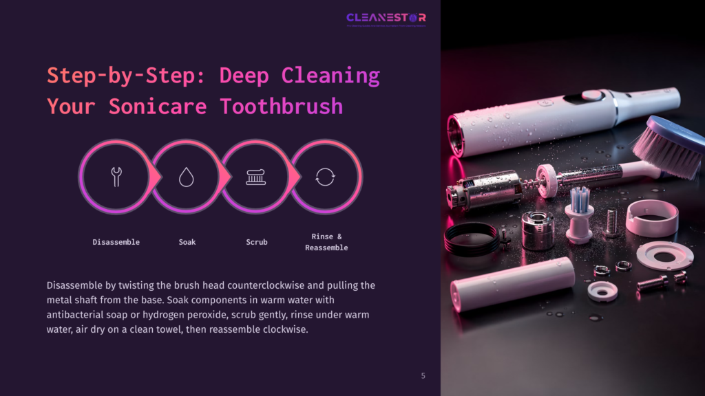 Step-By-Step Guide To Deep Cleaning A Sonicare Toothbrush, Featuring A Disassembled Toothbrush And Cleaning Components On A Dark Surface With Neon Lighting.