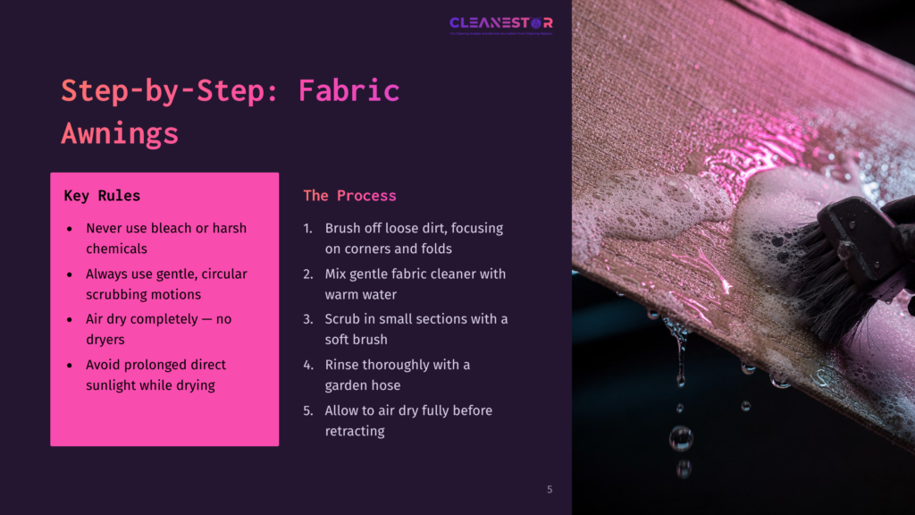 Close-Up Of A Hand In A Black Glove Gently Scrubbing A Fabric Awning With A Brush, Suds And Water Dripping Down. Text Overlay: &Quot;Step-By-Step: Fabric Awnings&Quot; And &Quot;The Process&Quot;.