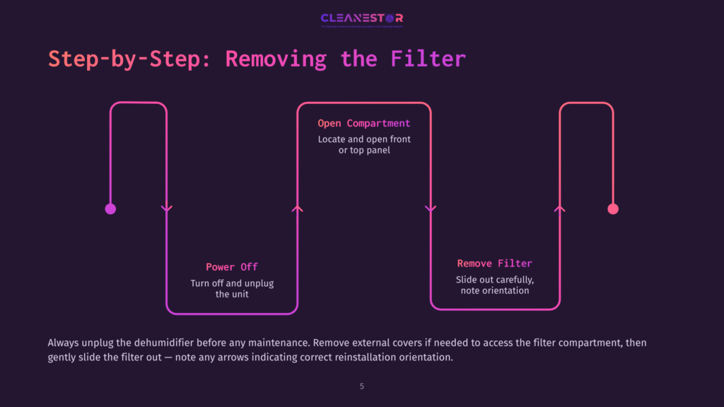 Step-By-Step Guide: Removing The Filter From A Cleanestor Dehumidifier. Includes Instructions To Power Off, Open The Compartment, And Remove The Filter.