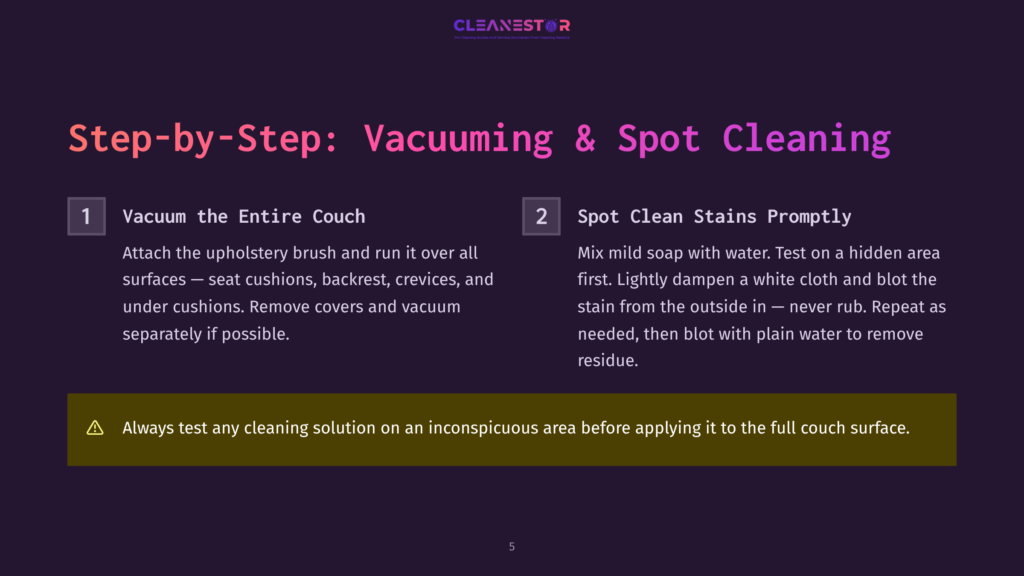 Step-By-Step Guide To Vacuuming And Spot Cleaning Furniture, With Instructions For Cleaning The Entire Couch And Treating Specific Stains.
