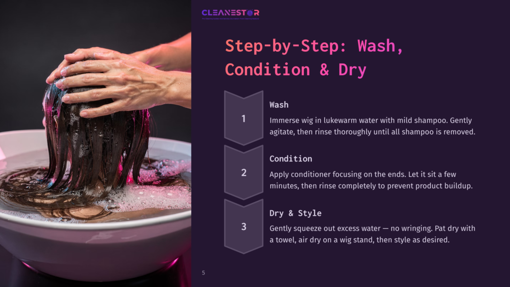 Close-Up Of Hands Washing A Dark Wig In A White Basin Filled With Soapy Water, With Step-By-Step Instructions For Wig Care Including Wash, Condition &Amp; Dry Displayed On The Right.