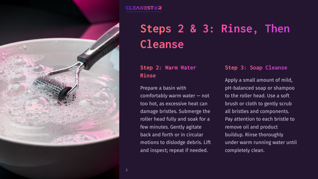 A Derma Roller With Many Fine Needles Is Submerged In A Bowl Of Soapy Water, With Bubbles And Suds Indicating The Cleansing Process. The Text Overlay Reads &Quot;Cleanestor&Quot; And Provides Instructions For Rinsing And Cleansing.