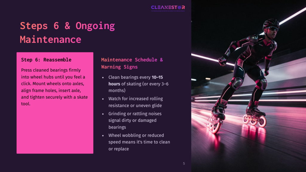 A Man In Full Protective Gear Skates On Rollerblades At Night, With Neon Pink And Blue Light Trails From The Wheels. The Image Includes Text: &Quot;Cleanestor&Quot;, &Quot;Steps 6 &Amp; Ongoing Maintenance&Quot;, And &Quot;Step 6: Reassemble&Quot;.