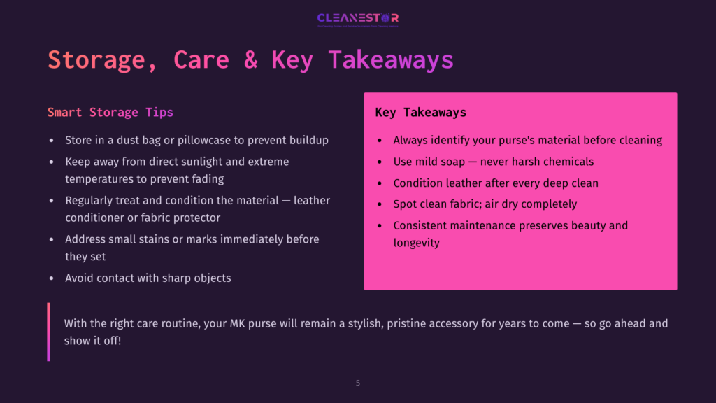 Cleanestor Presentation Slide Titled &Quot;Storage, Care &Amp; Key Takeaways&Quot; With Bulleted Tips For Maintaining Purses, Including Storage, Cleaning, And Conditioning.