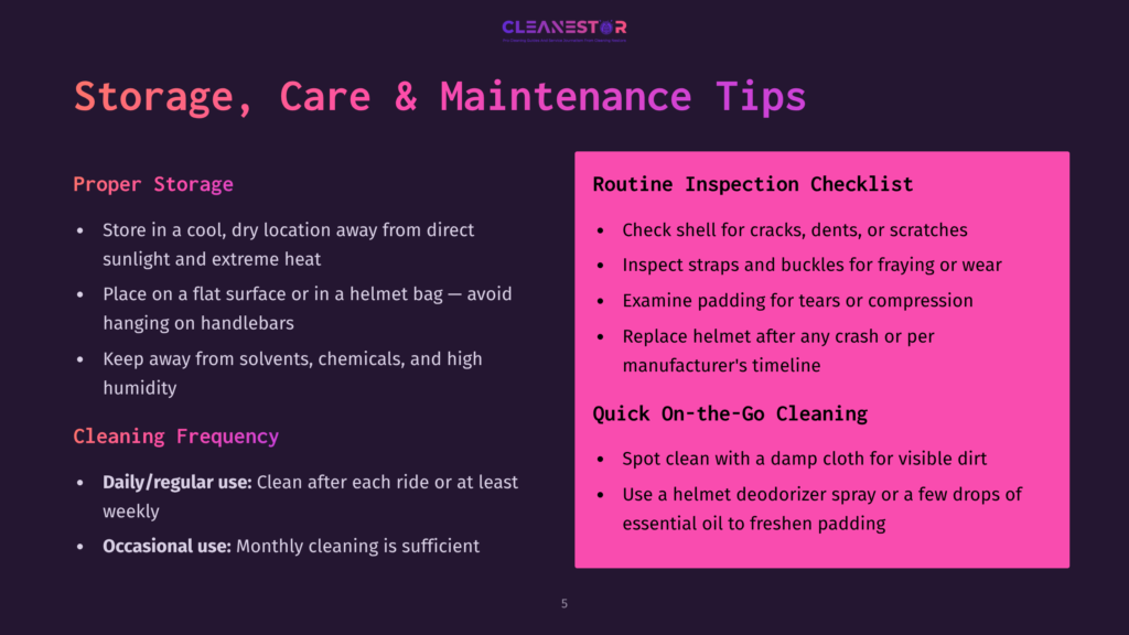 Cleanestor Helmet Storage, Care, And Maintenance Tips: Proper Storage, Routine Inspection Checklist, And Quick On-The-Go Cleaning.