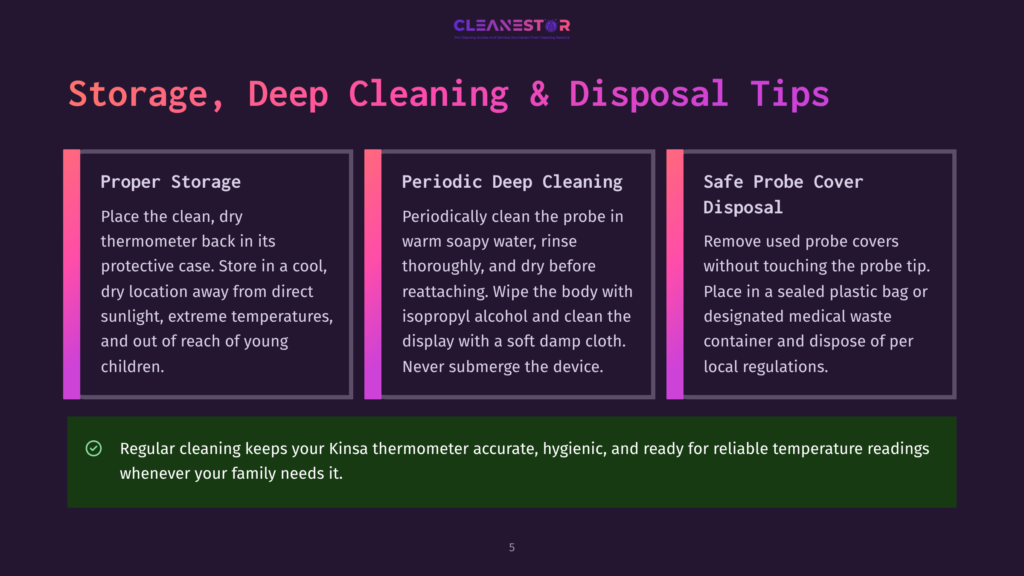 Infographic With Purple Background Detailing &Quot;Storage, Deep Cleaning &Amp; Disposal Tips&Quot; For Kinsa Thermometers. Sections Cover Proper Storage, Periodic Deep Cleaning, And Safe Probe Cover Disposal.