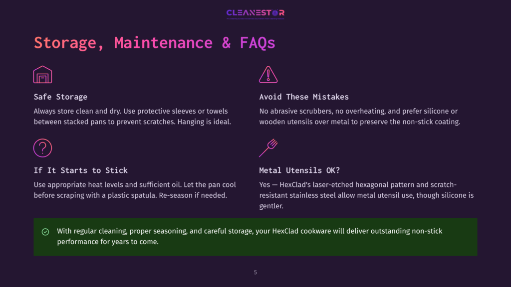 Storage, Maintenance &Amp; Faqs For Hexclad Cookware: Safe Storage, Avoiding Mistakes, Stick-Free Cooking, And Metal Utensil Use.