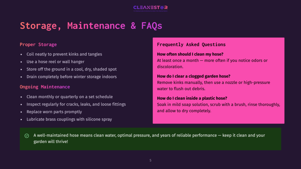 An Infographic About Hose Storage, Maintenance, And Faqs. The Infographic Includes Sections On Proper Storage, Ongoing Maintenance, And Frequently Asked Questions. Tips For Proper Storage Include Coiling The Hose, Using A Reel Or Wall Hanger, And Storing It Off The Ground. Maintenance Tips Include Cleaning The Hose Monthly Or Quarterly, Inspecting It Regularly, And Replacing Worn Parts Promptly.