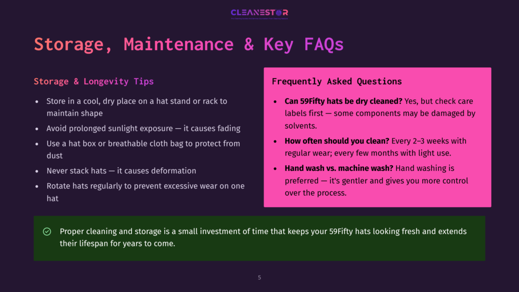 5 Storage Maintenance And Key Faqs Infographic Titled &Quot;Storage, Maintenance &Amp; Key Faqs&Quot; Features Sections On Storage And Longevity Tips And Frequently Asked Questions About 59Fifty Hats, With A Light Pink Background And Black Text.