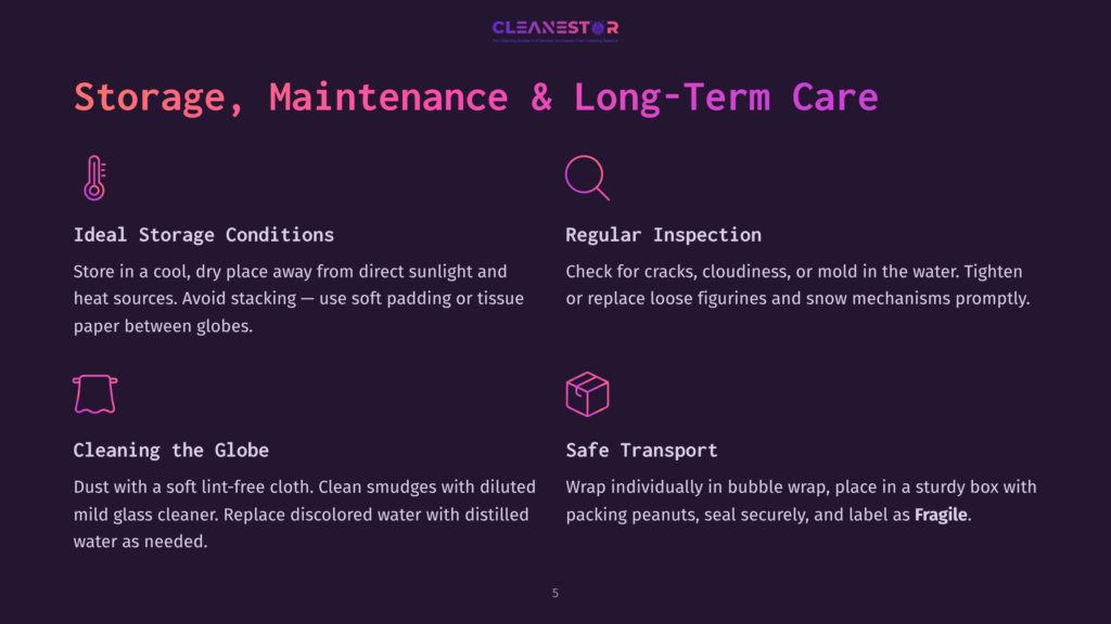 Cleanestor Logo Above A Dark Purple Background With Four Sections Detailing Storage, Maintenance, And Long-Term Care Of Snow Globes: Ideal Storage Conditions, Regular Inspection, Cleaning The Globe, And Safe Transport. Text Reads &Quot;Cleanestor,&Quot; &Quot;Storage, Maintenance &Amp; Long-Term Care,&Quot; And The Four Section Titles.