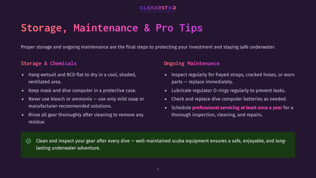 5 Storage Maintenance And Pro Tips Clean And Inspect Your Gear After Every Dive – Well-Maintained Scuba Equipment Ensures A Safe, Enjoyable, And Long-Lasting Underwater Adventure.