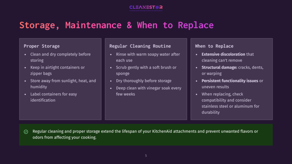 5 Storage Maintenance And When To Replace Infographic Detailing Kitchenaid Attachment Storage, Maintenance, And Replacement. Sections Cover Proper Storage, Regular Cleaning, And When To Replace. Text Includes &Quot;Cleanestor&Quot; Logo And Tips For Extending Attachment Lifespan.