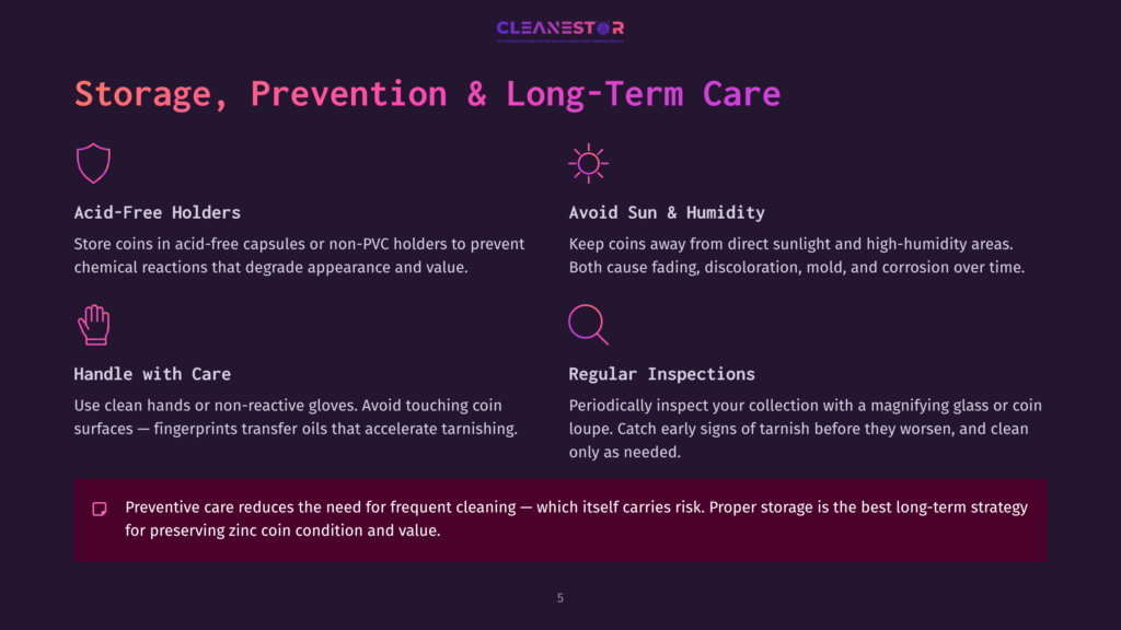Cleanestor Logo On A Dark Purple Background With Text About Coin Storage, Prevention, And Long-Term Care, Detailing Acid-Free Holders, Avoiding Sun And Humidity, And Proper Handling.
