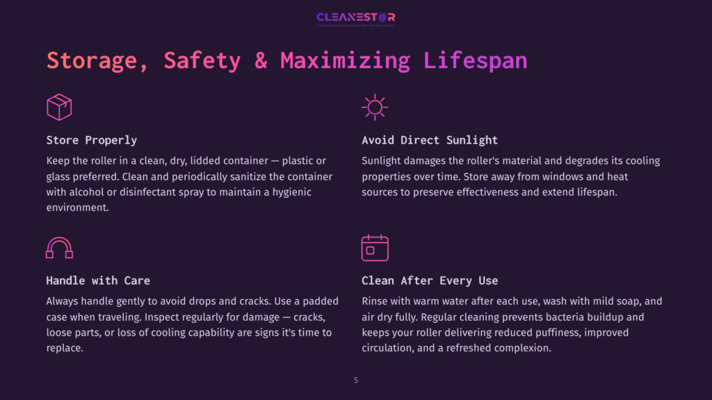 Diagram With Text On Storage, Safety, And Maximizing Lifespan Of A Cleaning Roller. Sections Include &Quot;Store Properly,&Quot; &Quot;Avoid Direct Sunlight,&Quot; &Quot;Handle With Care,&Quot; And &Quot;Clean After Every Use.