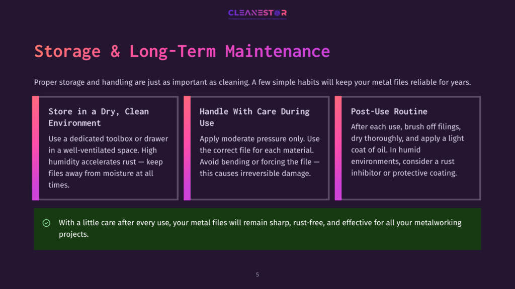 Storage &Amp; Long-Term Maintenance For Metal Files: Store In A Dry, Clean Environment, Handle With Care, And Follow A Post-Use Routine To Prevent Rust And Damage.
