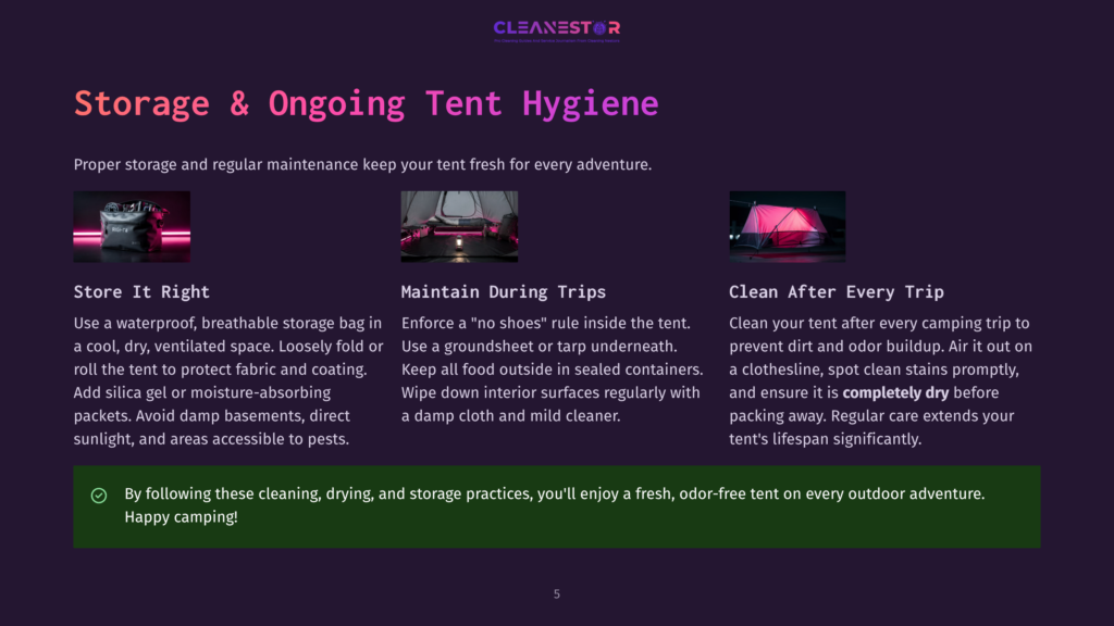 Three Images Illustrating Tent Storage And Hygiene: A Waterproof Tent Bag, A Tent With A Groundsheet, And A Pink Tent Being Aired Out. Text Highlights Proper Tent Storage And Cleaning Practices.