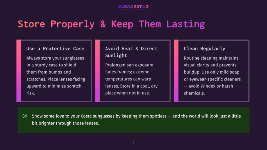 5 Store Properly And Keep Them Lasting Cleanestor Logo Above Text: &Quot;Store Properly &Amp; Keep Them Lasting&Quot; With Three Columns: &Quot;Use A Protective Case,&Quot; &Quot;Avoid Heat &Amp; Direct Sunlight,&Quot; And &Quot;Clean Regularly.