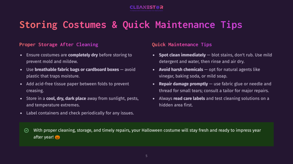 Text Overlay On A Dark Purple Background Reads &Quot;Storing Costumes &Amp; Quick Maintenance Tips&Quot; And Lists Advice For Proper Storage After Cleaning And Quick Maintenance Tips For Costumes.