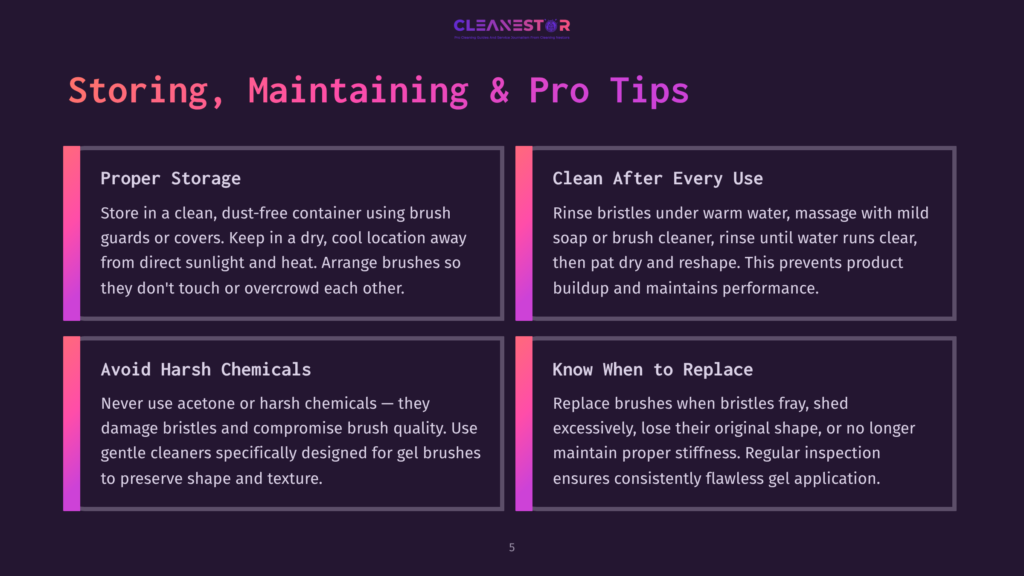 Four Panels With Text About Storing, Maintaining, And Cleaning Makeup Brushes. The Panels Are Titled &Quot;Proper Storage,&Quot; &Quot;Clean After Every Use,&Quot; &Quot;Avoid Harsh Chemicals,&Quot; And &Quot;Know When To Replace.