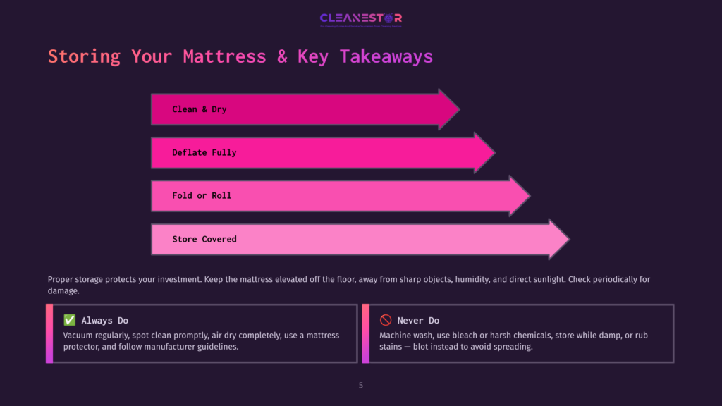 Infographic Titled &Quot;Storing Your Mattress &Amp; Key Takeaways&Quot; With Four Horizontal Pink And Purple Bars Listing Steps: Clean &Amp; Dry, Deflate Fully, Fold Or Roll, Store Covered. Below Are Two Columns: &Quot;Always Do&Quot; And &Quot;Never Do.