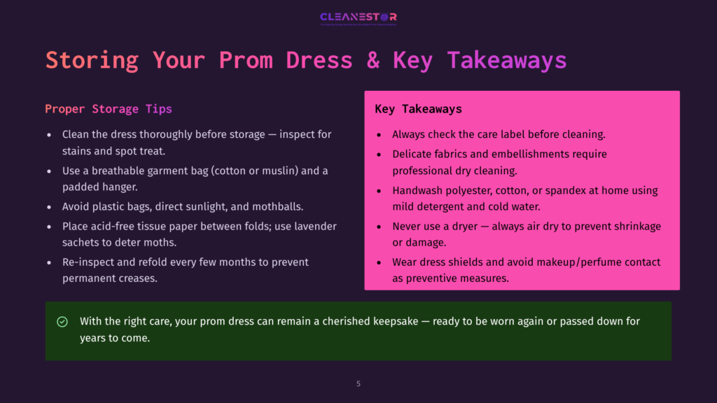 Infographic On Storing Prom Dress With Key Takeaways: Clean Dress Thoroughly, Use Breathable Garment Bag, Avoid Plastic Bags, And Re-Inspect Every Few Months. The Text Emphasizes The Importance Of Proper Storage And Care For Delicate Fabrics And Embellishments.
